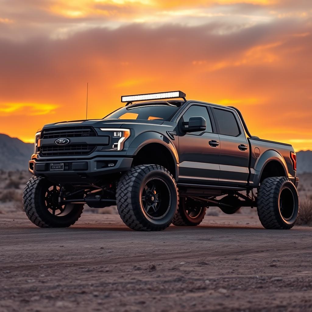 Custom lifted truck on open road — modified pickup with suspension lift and aftermarket wheels